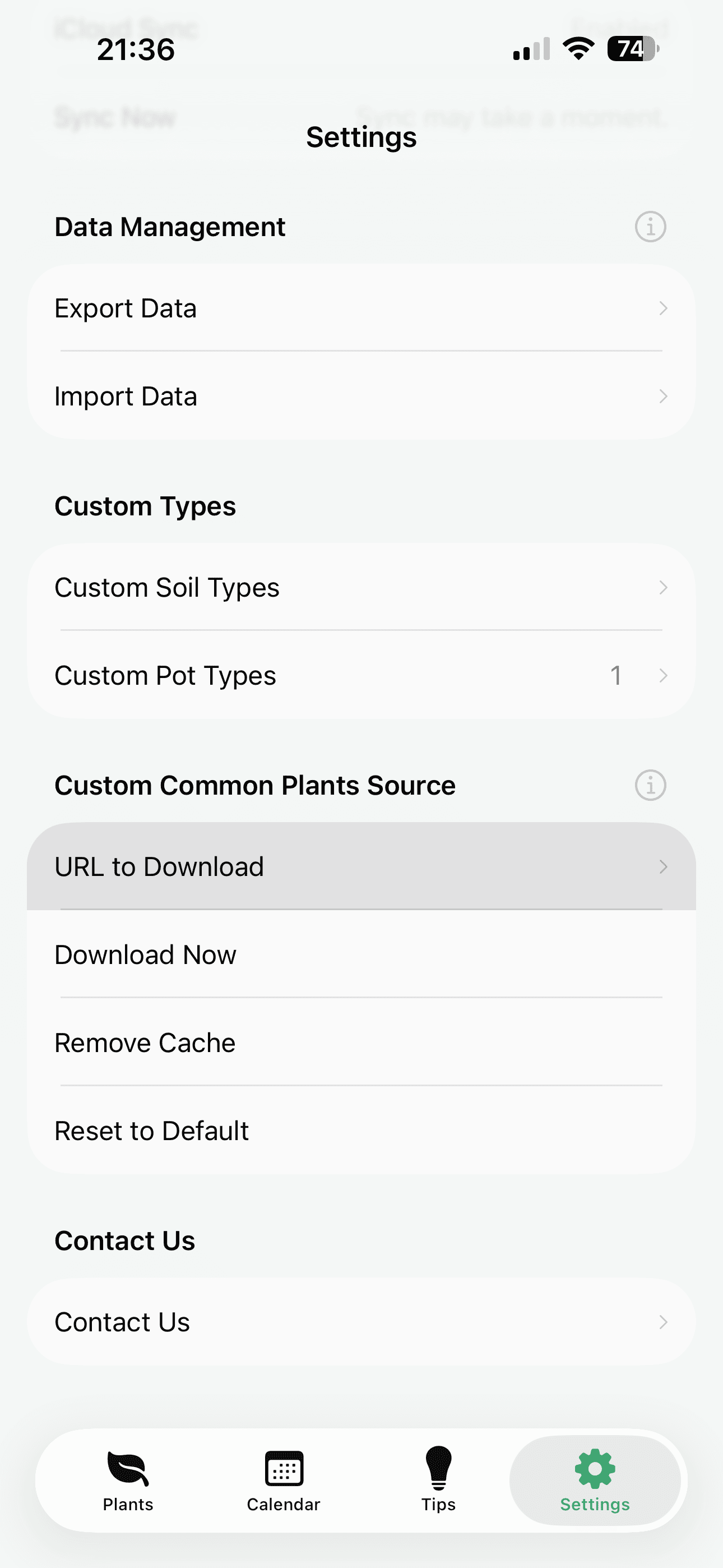 Settings screen showing Custom Common Plants Source section