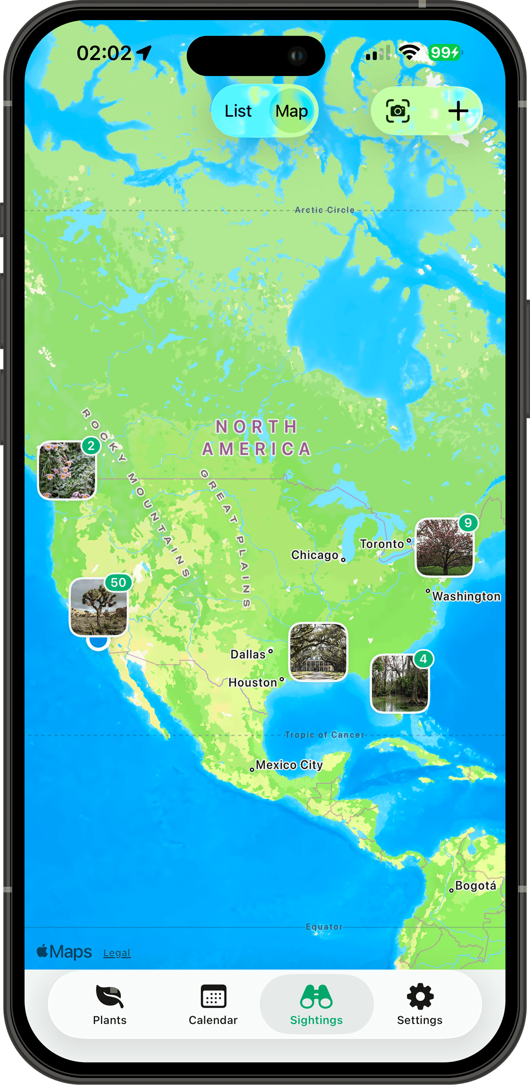 Map view of sightings